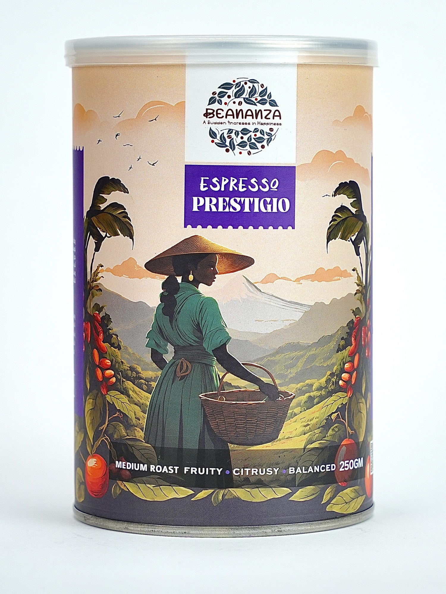 Beananza Espresso Prestigio 250g tin on white background